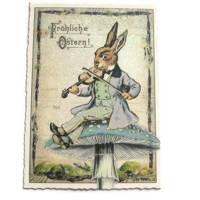 Nostalgie Postkarte Osterkarte Vintage Osterhase Geige auf Fliegenpilz Bild 1