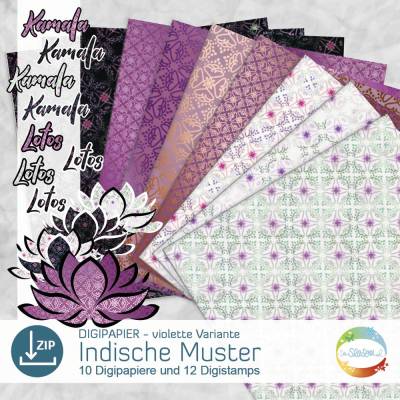 Digipapier indische Muster, Variante violett, Digistamp Lotusblüte, Lotusblume, Indien, indisches Design senSEASONal
