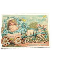 Nostalgie Postkarte Osterkarte Vintage Mädchen Blumen Kutsche Lämmer Bild 1