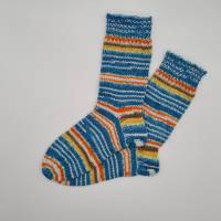 Gestrickte dickere Socken in türkisblau bunt,Gr. 38/39,Stricksocken,Kuschelsocken aus 6 fach Sockenwolle handgestrickt Bild 1