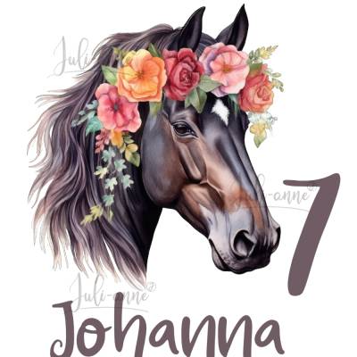 Bügelbild GEBURTSTAG Aquarell Pferd Schwarz mit Blumen (2) personalisiert Zahl & Name