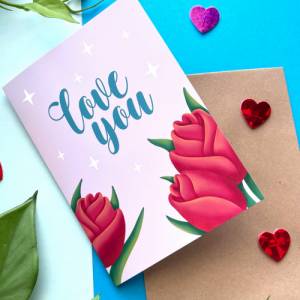 A6 Klappkarte zum Valentinstag / Muttertag, Grußkarte für Verliebte mit Rosen-Motiv "Love you" inkl. Kraftpapier Bild 5