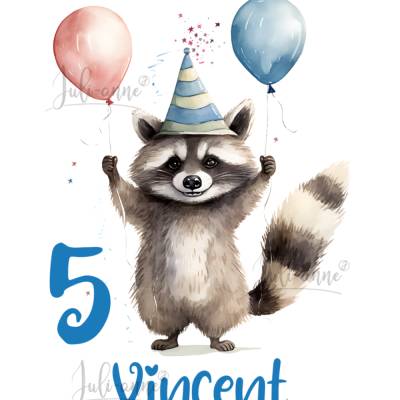 Bügelbild GEBURTSTAG Waschbär mit Luftballon *personalisiert Zahl & Name  