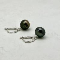 Geschenk Tahiti-Perlen-Ohrringe schwarz, fast rund 10 x10,5 mm 925 Silberhaken Geburtstag Muttertag Bild 1