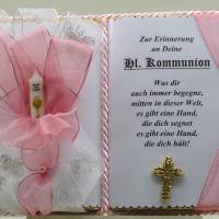 Wunderschönes, handgefertigtes Dekobuch zur Kommunion, rosa (mit Holz-Buchständer) Bild 1