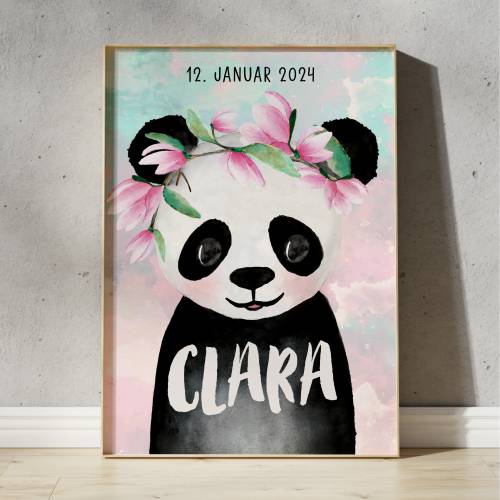 Panda Mädchen Kinderbild mit Name personalisiert, Kinderzimmer Bild,  Poster Deko, Baby Geschenk zur Geburt