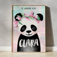 Panda Mädchen Kinderbild mit Name personalisiert, Kinderzimmer Bild,  Poster Deko, Baby Geschenk zur Geburt Bild 1