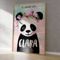 Panda Mädchen Kinderbild mit Name personalisiert, Kinderzimmer Bild,  Poster Deko, Baby Geschenk zur Geburt Bild 2
