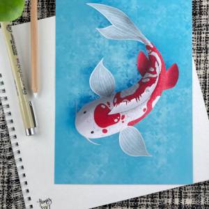 Art Print DIN A5 Koi Illustration rot, Japanischer Koi Kunstdruck, Digitaldruck farbig Koifisch Bild 9