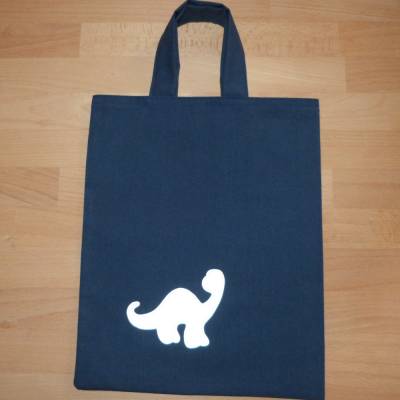 kleiner Stoffbeutel, Kindertasche blau mit Reflektor-Dino, Biobaumwolle, Handarbeit 