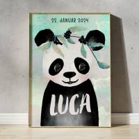 Panda Kinderbild mit Name personalisiert, Kinderzimmer Bild,  Poster Deko, Baby Geschenk zur Geburt Bild 1