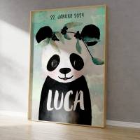 Panda Kinderbild mit Name personalisiert, Kinderzimmer Bild,  Poster Deko, Baby Geschenk zur Geburt Bild 2