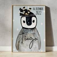 Pinguin Mädchen Kinderbild mit Name, Kinderzimmer Bild,  Poster Deko, Geschenk zur Geburt Bild 1