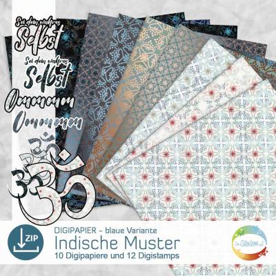 Digipapier indischen Muster, Variante blau, Digistamp Om, Zufriedenheit, Yoga, indisch inspiriertes Design senSEASONal