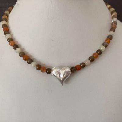 Mondsteinkette bunt mit silbernem Herz, 43 cm lang, Edelsteine orange, braun, creme, Geschenk Mann Frau, Handarbeit
