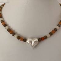 Mondsteinkette bunt mit silbernem Herz, 43 cm lang, Edelsteine orange, braun, creme, Geschenk Mann Frau, Handarbeit Bild 6