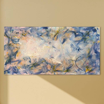 Abstraktes verträumtes Diptychon Bild „Cloud 9“ - Original Kunst - 50x100cm - Acryl Kunst - Interior - blau, gold, rosa,