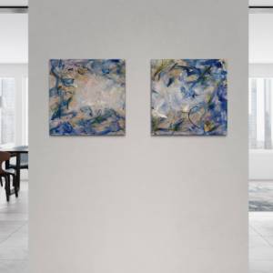 Abstraktes verträumtes Diptychon Bild „Cloud 9“ - Original Kunst - 50x100cm - Acryl Kunst - Interior - blau, gold, rosa, Bild 2