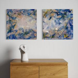 Abstraktes verträumtes Diptychon Bild „Cloud 9“ - Original Kunst - 50x100cm - Acryl Kunst - Interior - blau, gold, rosa, Bild 3