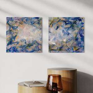 Abstraktes verträumtes Diptychon Bild „Cloud 9“ - Original Kunst - 50x100cm - Acryl Kunst - Interior - blau, gold, rosa, Bild 4