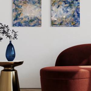 Abstraktes verträumtes Diptychon Bild „Cloud 9“ - Original Kunst - 50x100cm - Acryl Kunst - Interior - blau, gold, rosa, Bild 5