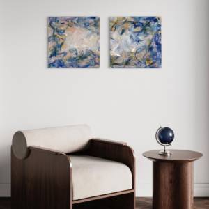 Abstraktes verträumtes Diptychon Bild „Cloud 9“ - Original Kunst - 50x100cm - Acryl Kunst - Interior - blau, gold, rosa, Bild 6