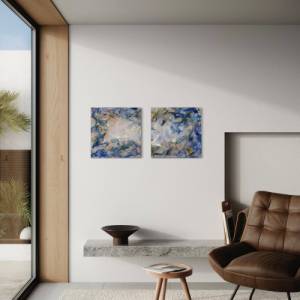 Abstraktes verträumtes Diptychon Bild „Cloud 9“ - Original Kunst - 50x100cm - Acryl Kunst - Interior - blau, gold, rosa, Bild 7