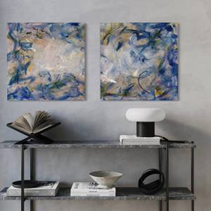 Abstraktes verträumtes Diptychon Bild „Cloud 9“ - Original Kunst - 50x100cm - Acryl Kunst - Interior - blau, gold, rosa, Bild 8