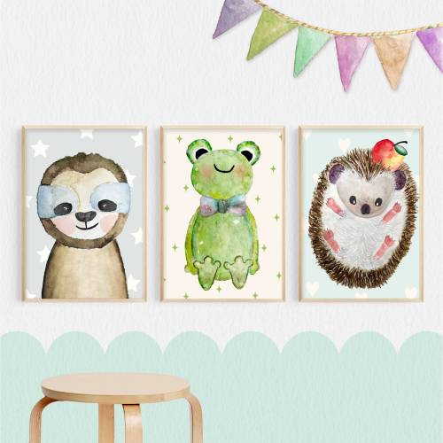 Bilder für Kinder, Poster Kinderzimmer mit Frosch Faultier und Igel, Babyzimmer Bilder