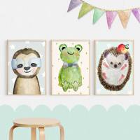 Bilder für Kinder, Poster Kinderzimmer mit Frosch Faultier und Igel, Babyzimmer Bilder Bild 1