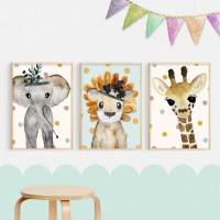Bilder für Kinder, Poster Kinderzimmer mit Elefant Löwe und Giraffe, Babyzimmer Bilder Bild 1