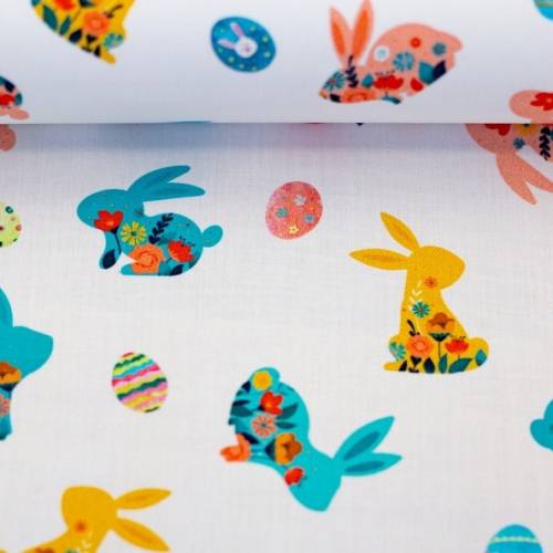 Baumwolle/Webware Happy Easter, Hasen auf weiß