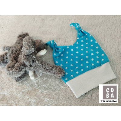 Babymütze Knotenmütze türkis mit weißen Sternen 3 - 6 Monate