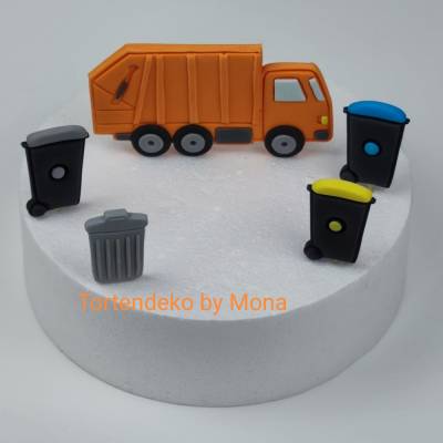 Tortendeko Tortentopper Tortenaufleger Fondant Zuckerfigur Müllwagen Müllauto Müllabfuhr Mülltonnen 