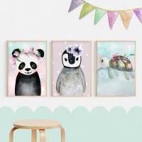 Bilder für Kinder, Poster Kinderzimmer mit Panda Pinguin und Schildkröte, Babyzimmer Bilder Bild 1