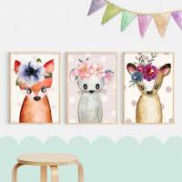 Bilder für Kinder, Poster Kinderzimmer mit Fuchs Maus und Reh, Babyzimmer Bilder Bild 1