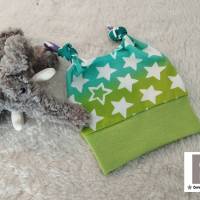 Babymütze Knotenmütze grün türkis mit weißen Sternen 3 - 6 Monate Bild 1