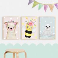 Bilder für Kinder, Poster Kinderzimmer mit Bär Biene und Robbe, Babyzimmer Bilder Bild 1