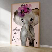 Elefant Mädchen Kinderbild mit Name, Kinderzimmer Bild,  Poster Deko, Geschenk zur Geburt Bild 2