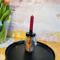 Dekoglas mit Kerzenhalter und 5 farbigen Kerzen "Nimm dir was du brauchst" Bild 4