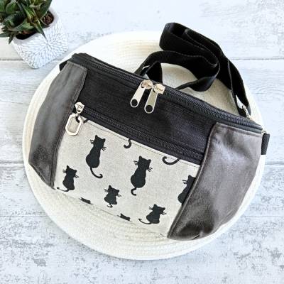 Bauchtasche Damen schwarz - Tasche mit Katze - hip bag Damen - crossbody-Tasche - crossover Tasche