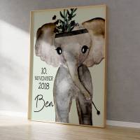 Elefant Kinderbild mit Name, Kinderzimmer Bild,  Poster Deko, Geschenk zur Geburt Bild 2