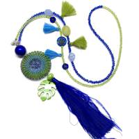 QUASTEN BOHO Kette - blau/grün - mit doppelt gestricktem tricolor Wendescheiben-Element Bild 1