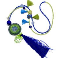 QUASTEN BOHO Kette - blau/grün - mit doppelt gestricktem tricolor Wendescheiben-Element Bild 2