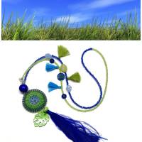 QUASTEN BOHO Kette - blau/grün - mit doppelt gestricktem tricolor Wendescheiben-Element Bild 3