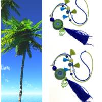 QUASTEN BOHO Kette - blau/grün - mit doppelt gestricktem tricolor Wendescheiben-Element Bild 4