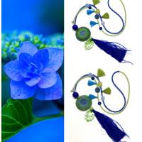 QUASTEN BOHO Kette - blau/grün - mit doppelt gestricktem tricolor Wendescheiben-Element Bild 5