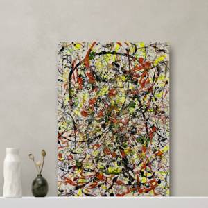 Abstraktes Gemälde - 50x70cm - schwarz, orange, gelb, orange, silber, grün, gold, beige weiß - Acryl & Öl Pastellkreiden Bild 2