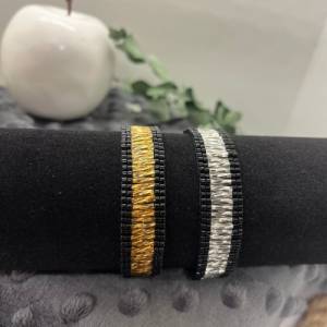Gewebtes Perlenarmband „Solid Gold“, schmales Manchettenarmband, gold, schwarz, Loom Beading Bild 9