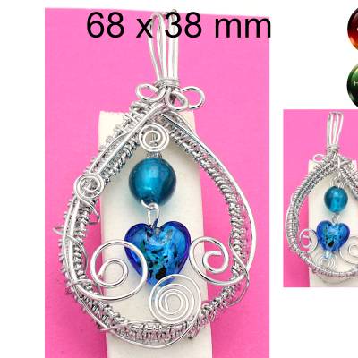 Anhänger - drahtgewebt - silber-blau - ca. 68x38 mm - Metall u. Glas